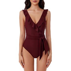 Kelly Ruffle - Women's One Piece Swimsuit with V-Neck and Waist Tie, Bathing Suits for Women