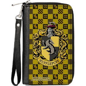 The Wizarding World of Harry Potter Wallet, Zip Around, Hufflepuff Crest Heraldry Checkers Golds Black, Vegan Leather