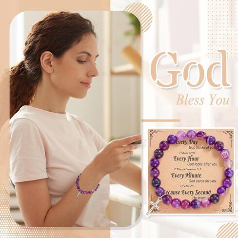 Cross Rosary Beads Bracelet: Religious Prayer Natural Agate Beads Stretch Bracelet Jewelry Inspirational Gifts To Women Friends in Saudi Arabia