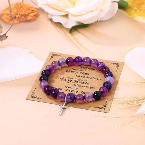 Cross Rosary Beads Bracelet: Religious Prayer Natural Agate Beads Stretch Bracelet Jewelry Inspirational Gifts To Women Friends in Saudi Arabia