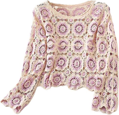 Honganda Women's Knit Crochet Cardigan Long Sleeve Floral Embroidery Hollow Out Knitwear Spring Fall Y2K Boho Sweater in Saudi Arabia