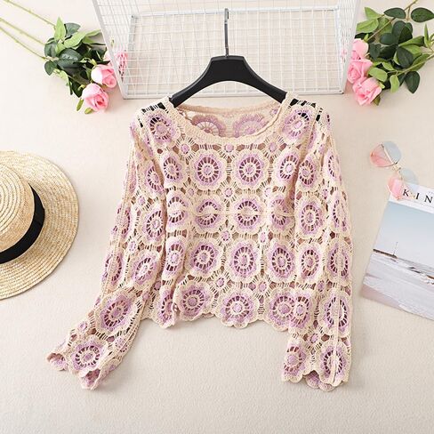 Honganda Women's Knit Crochet Cardigan Long Sleeve Floral Embroidery Hollow Out Knitwear Spring Fall Y2K Boho Sweater in Saudi Arabia