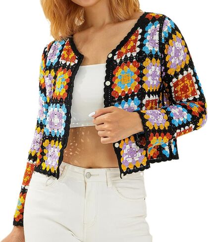 Honganda Women's Knit Crochet Cardigan Long Sleeve Floral Embroidery Hollow Out Knitwear Spring Fall Y2K Boho Sweater in Saudi Arabia