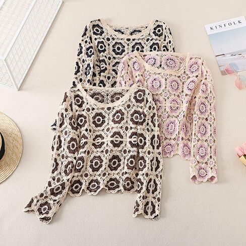 Honganda Women's Knit Crochet Cardigan Long Sleeve Floral Embroidery Hollow Out Knitwear Spring Fall Y2K Boho Sweater in Saudi Arabia