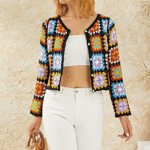 Honganda Women's Knit Crochet Cardigan Long Sleeve Floral Embroidery Hollow Out Knitwear Spring Fall Y2K Boho Sweater in Saudi Arabia