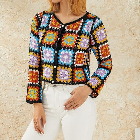 Honganda Women's Knit Crochet Cardigan Long Sleeve Floral Embroidery Hollow Out Knitwear Spring Fall Y2K Boho Sweater in Saudi Arabia