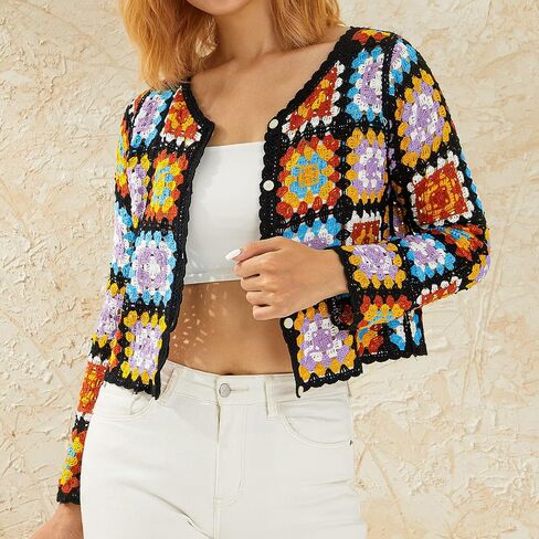 Honganda Women's Knit Crochet Cardigan Long Sleeve Floral Embroidery Hollow Out Knitwear Spring Fall Y2K Boho Sweater in Saudi Arabia