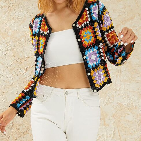Honganda Women's Knit Crochet Cardigan Long Sleeve Floral Embroidery Hollow Out Knitwear Spring Fall Y2K Boho Sweater in Saudi Arabia