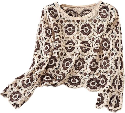Honganda Women's Knit Crochet Cardigan Long Sleeve Floral Embroidery Hollow Out Knitwear Spring Fall Y2K Boho Sweater in Saudi Arabia