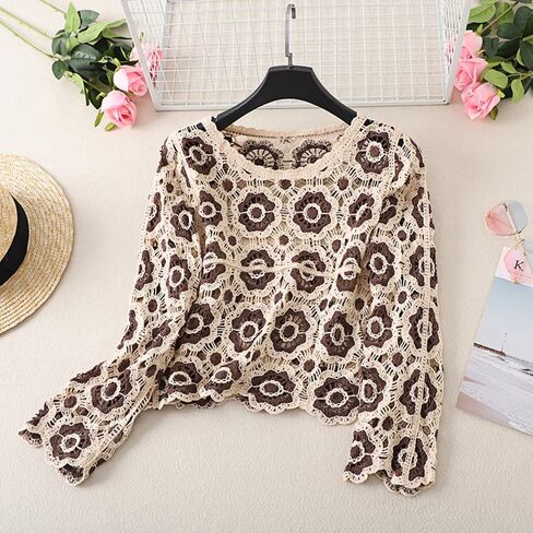 Honganda Women's Knit Crochet Cardigan Long Sleeve Floral Embroidery Hollow Out Knitwear Spring Fall Y2K Boho Sweater in Saudi Arabia