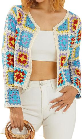 Honganda Women's Knit Crochet Cardigan Long Sleeve Floral Embroidery Hollow Out Knitwear Spring Fall Y2K Boho Sweater in Saudi Arabia