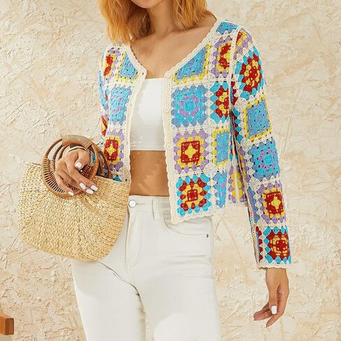 Honganda Women's Knit Crochet Cardigan Long Sleeve Floral Embroidery Hollow Out Knitwear Spring Fall Y2K Boho Sweater in Saudi Arabia