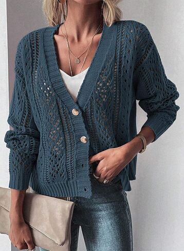 SHEWIN Cardigan Sweaters for Women Lightweight Long Sleeve Cable Knit Open Front Button Down Crochet Cardigans Sweater in Saudi Arabia