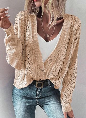SHEWIN Cardigan Sweaters for Women Lightweight Long Sleeve Cable Knit Open Front Button Down Crochet Cardigans Sweater in Saudi Arabia
