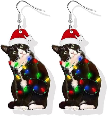 Christmas Earrings for Women Cute Cat Earrings Dangle Christmas Light Stocking Cat Earrings for Holiday Christmas Gifts 2024 in Kuwait