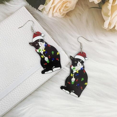 Christmas Earrings for Women Cute Cat Earrings Dangle Christmas Light Stocking Cat Earrings for Holiday Christmas Gifts 2024 in Kuwait