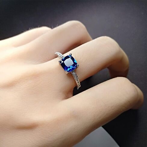 14k White Gold Plated Cushion Cut Birthstone Gemstones 925 Sterling Silver Stackable Solitaire Ring Blue Topaz Created Sapphire Ring For Women in Kuwait