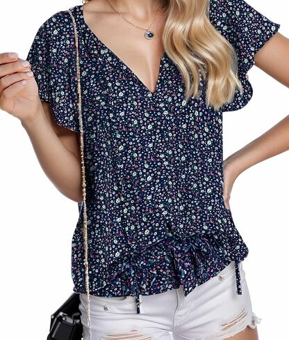 V Neck Tops for Women Dressy Loose Floral Print Blouse Lightweight Summer Casual Trendy Shirts Red M in Saudi Arabia