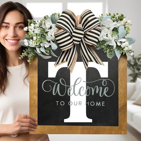 16" Personalized Welcome Sign for Front Door, Last Name Wreaths for Front Door, 26 Initial Front Door Decor, Year Round Wreath, Pine Wooden Home Decor, Housewarming Gifts, (T) in Saudi Arabia
