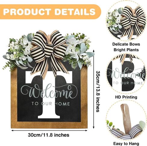 16" Personalized Welcome Sign for Front Door, Last Name Wreaths for Front Door, 26 Initial Front Door Decor, Year Round Wreath, Pine Wooden Home Decor, Housewarming Gifts, (T) in Saudi Arabia