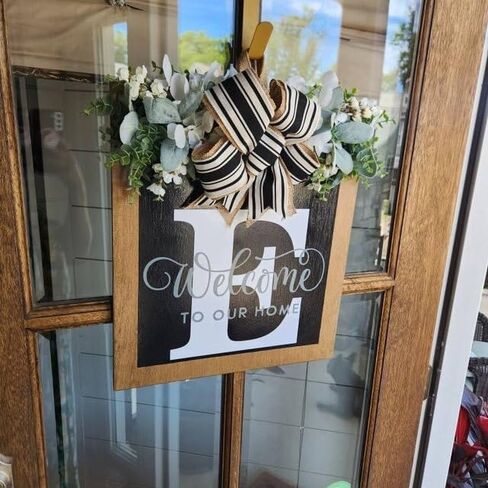 16" Personalized Welcome Sign for Front Door, Last Name Wreaths for Front Door, 26 Initial Front Door Decor, Year Round Wreath, Pine Wooden Home Decor, Housewarming Gifts, (T) in Saudi Arabia