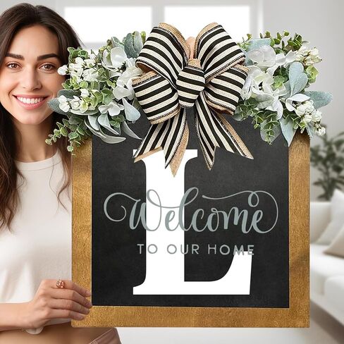 16" Personalized Welcome Sign for Front Door, Last Name Wreaths for Front Door, 26 Initial Front Door Decor, Year Round Wreath, Pine Wooden Home Decor, Housewarming Gifts, (T) in Saudi Arabia