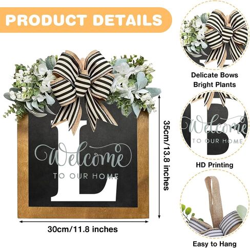 16" Personalized Welcome Sign for Front Door, Last Name Wreaths for Front Door, 26 Initial Front Door Decor, Year Round Wreath, Pine Wooden Home Decor, Housewarming Gifts, (T) in Saudi Arabia