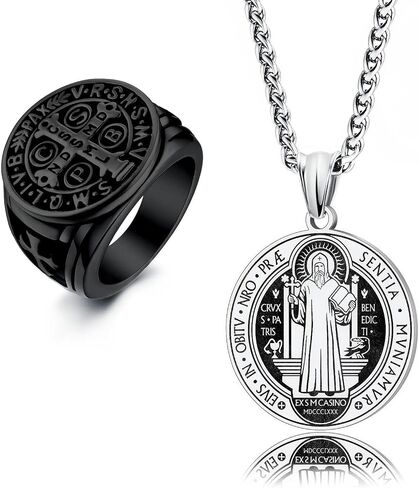 LAOYOU 2Pcs Saint Benedict Pack St. Benedict Ring and Medal Necklace for Men Stainless Steel Ghost Hunter Christian Catholic Protection Amulet Jewelry Gift for Men Teen Black/Silver in Kuwait