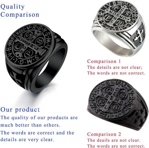 LAOYOU 2Pcs Saint Benedict Pack St. Benedict Ring and Medal Necklace for Men Stainless Steel Ghost Hunter Christian Catholic Protection Amulet Jewelry Gift for Men Teen Black/Silver in Kuwait