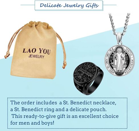 LAOYOU 2Pcs Saint Benedict Pack St. Benedict Ring and Medal Necklace for Men Stainless Steel Ghost Hunter Christian Catholic Protection Amulet Jewelry Gift for Men Teen Black/Silver in Kuwait