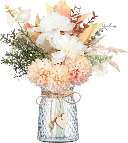 زهور صناعية مع مزهرية زهور حريرية في مزهرية زهور الكوبية الصناعية وزهرة الأوكالبتوس النباتية المزيفة مع مزهرية زجاجية لتزيين المنزل والمكتب وطاولة المكتب والرف in Kuwait