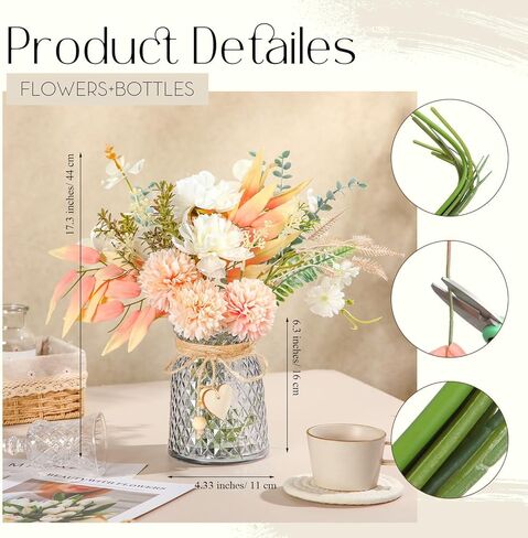 زهور صناعية مع مزهرية زهور حريرية في مزهرية زهور الكوبية الصناعية وزهرة الأوكالبتوس النباتية المزيفة مع مزهرية زجاجية لتزيين المنزل والمكتب وطاولة المكتب والرف in Kuwait