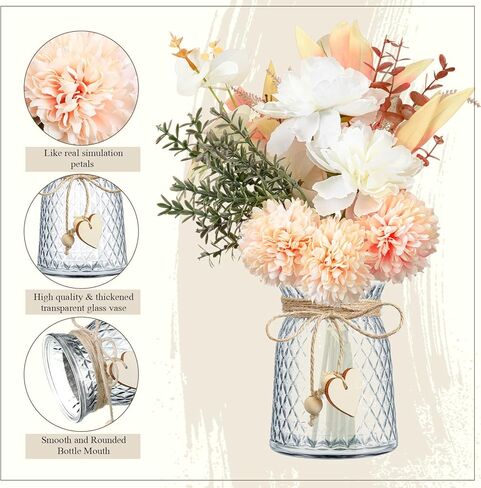 زهور صناعية مع مزهرية زهور حريرية في مزهرية زهور الكوبية الصناعية وزهرة الأوكالبتوس النباتية المزيفة مع مزهرية زجاجية لتزيين المنزل والمكتب وطاولة المكتب والرف in Kuwait