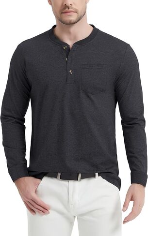 CRYSULLY Men's Fashion Henley Shirt Long Sleeve Lightweight Pocket Tees 3 Button Casual T-Shirts in Saudi Arabia