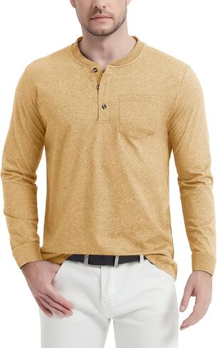 CRYSULLY Men's Fashion Henley Shirt Long Sleeve Lightweight Pocket Tees 3 Button Casual T-Shirts in Saudi Arabia