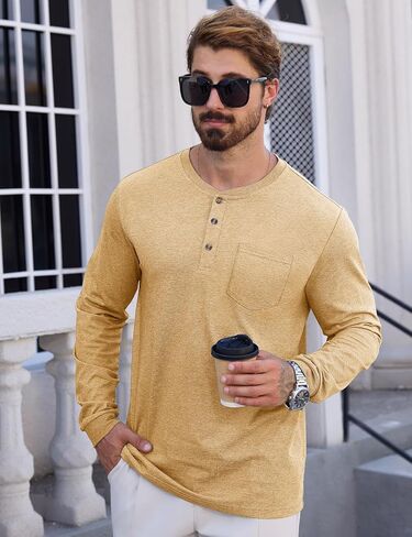 CRYSULLY Men's Fashion Henley Shirt Long Sleeve Lightweight Pocket Tees 3 Button Casual T-Shirts in Saudi Arabia