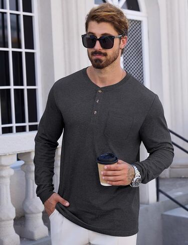 CRYSULLY Men's Fashion Henley Shirt Long Sleeve Lightweight Pocket Tees 3 Button Casual T-Shirts in Saudi Arabia