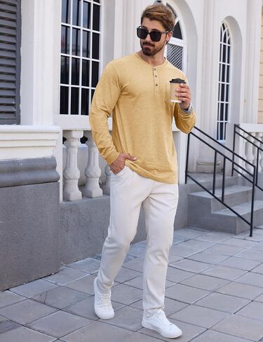 CRYSULLY Men's Fashion Henley Shirt Long Sleeve Lightweight Pocket Tees 3 Button Casual T-Shirts in Saudi Arabia