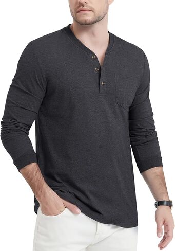 CRYSULLY Men's Fashion Henley Shirt Long Sleeve Lightweight Pocket Tees 3 Button Casual T-Shirts in Saudi Arabia