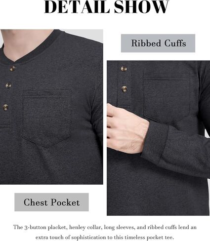 CRYSULLY Men's Fashion Henley Shirt Long Sleeve Lightweight Pocket Tees 3 Button Casual T-Shirts in Saudi Arabia