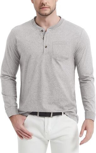 CRYSULLY Men's Fashion Henley Shirt Long Sleeve Lightweight Pocket Tees 3 Button Casual T-Shirts in Saudi Arabia