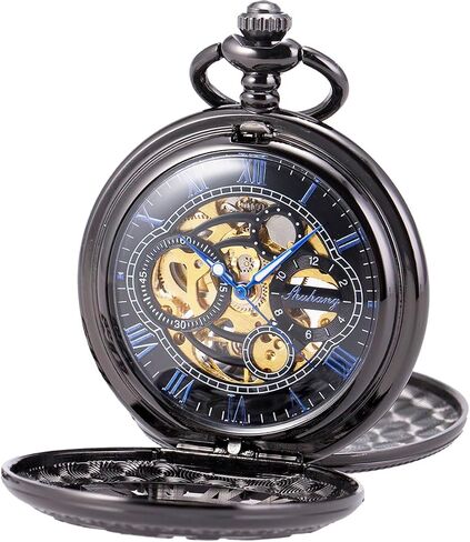 SIBOSUN Pocket Watch Skeleton Mechanical Double Case Hand-Wind Roman Numerals Antique Chain Mens in Saudi Arabia
