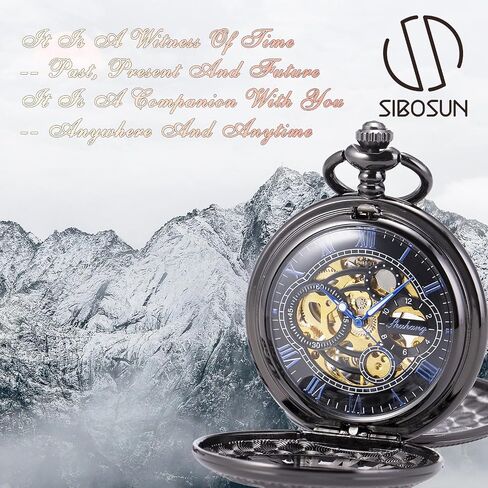 SIBOSUN Pocket Watch Skeleton Mechanical Double Case Hand-Wind Roman Numerals Antique Chain Mens in Saudi Arabia