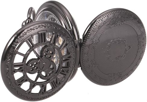 SIBOSUN Pocket Watch Skeleton Mechanical Double Case Hand-Wind Roman Numerals Antique Chain Mens in Saudi Arabia