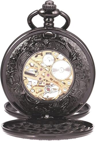 SIBOSUN Pocket Watch Skeleton Mechanical Double Case Hand-Wind Roman Numerals Antique Chain Mens in Saudi Arabia