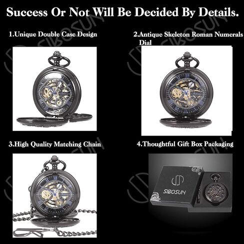 SIBOSUN Pocket Watch Skeleton Mechanical Double Case Hand-Wind Roman Numerals Antique Chain Mens in Saudi Arabia