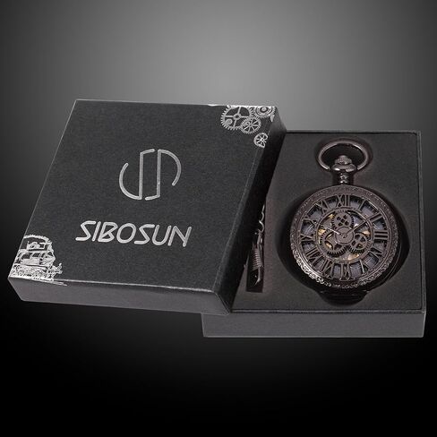 SIBOSUN Pocket Watch Skeleton Mechanical Double Case Hand-Wind Roman Numerals Antique Chain Mens in Saudi Arabia