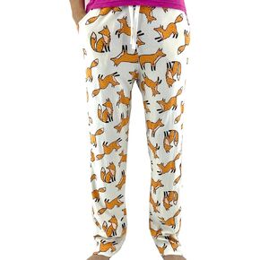 Womens Soft Cotton Knit Animal Novelty Print Long PJ Pajama Pant Bottoms with Pockets (XX-Large, Off White Foxes)