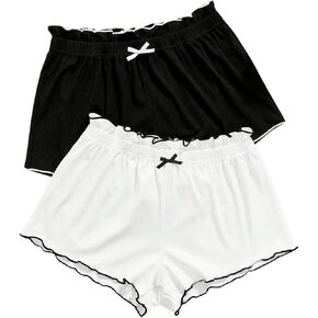 Milumia Women's 2 Pack Bow Front Lettuce Trim Rib Knitted Comfy Pajama Shorts