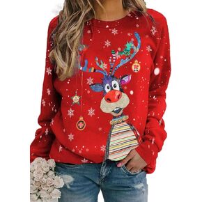 Christmas Sweatshirts for Women Crewneck Reindeer Sweatshirt Christmas Long Sleeve Shirt Xmas Holiday Pullover Tops